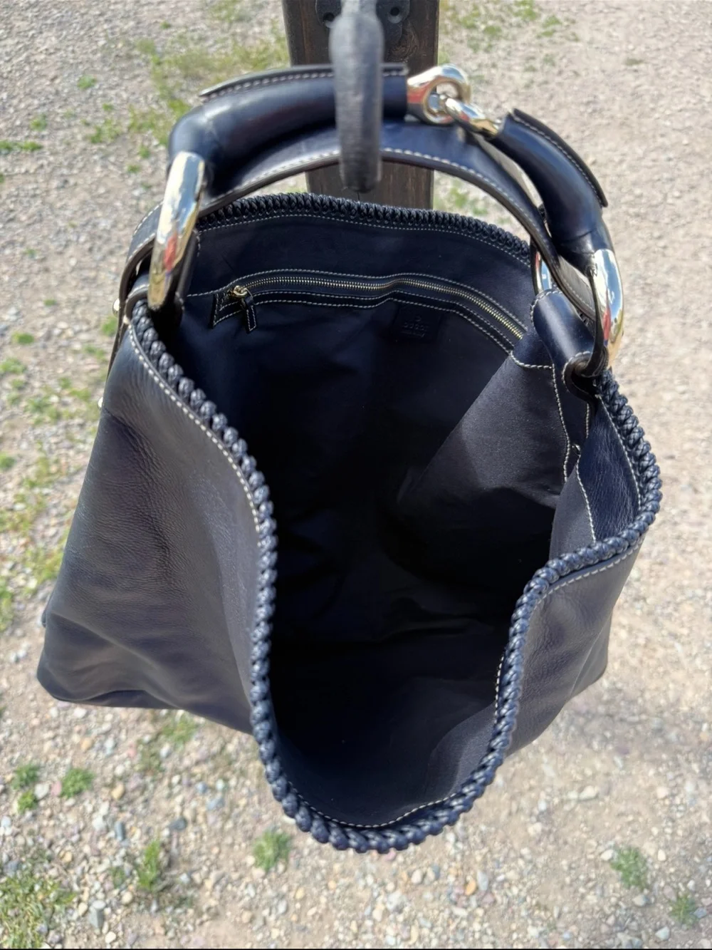 Gucci Navy Blue Horsebit Hobo Women’s Leather Hobo Bag with Gold Tone Hardware